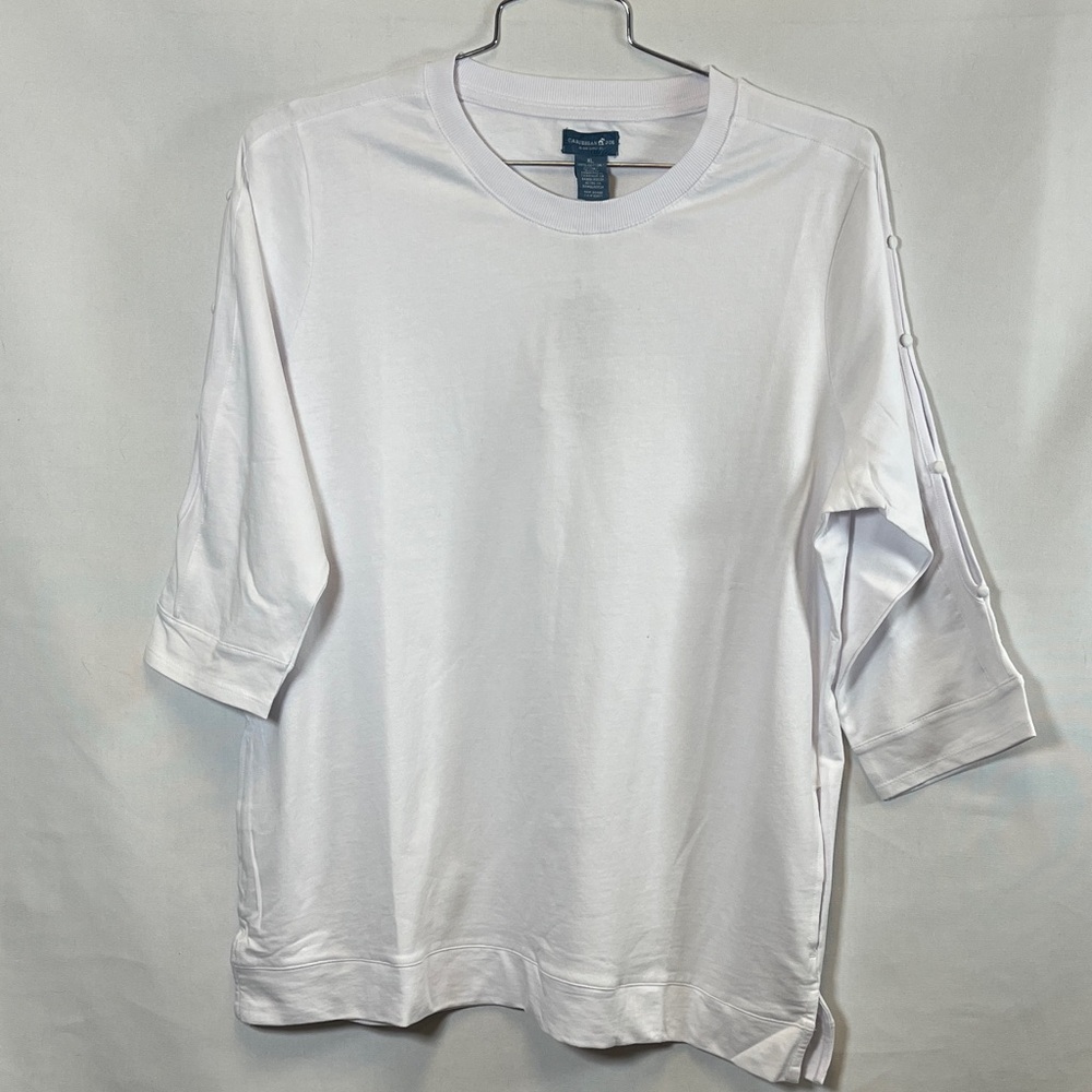 Caribbean Joe 3/4 Sleeve Tee Women's White Knit Top With Pockets